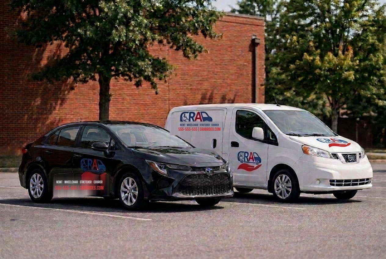 White GRAB Rides wagon and black sedan parked outside a brick warehouse lined with trees