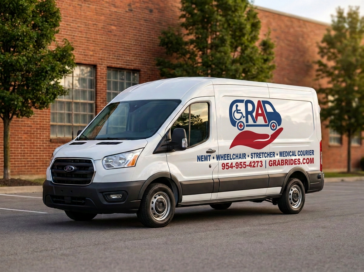 Branded GRAB Rides medical transport van parked in a lot in front of a brick warehouse and trees
