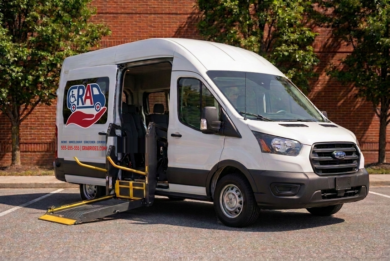 GRAB Rides wheelchair van with its lift ramp deployed, parked by a brick warehouse